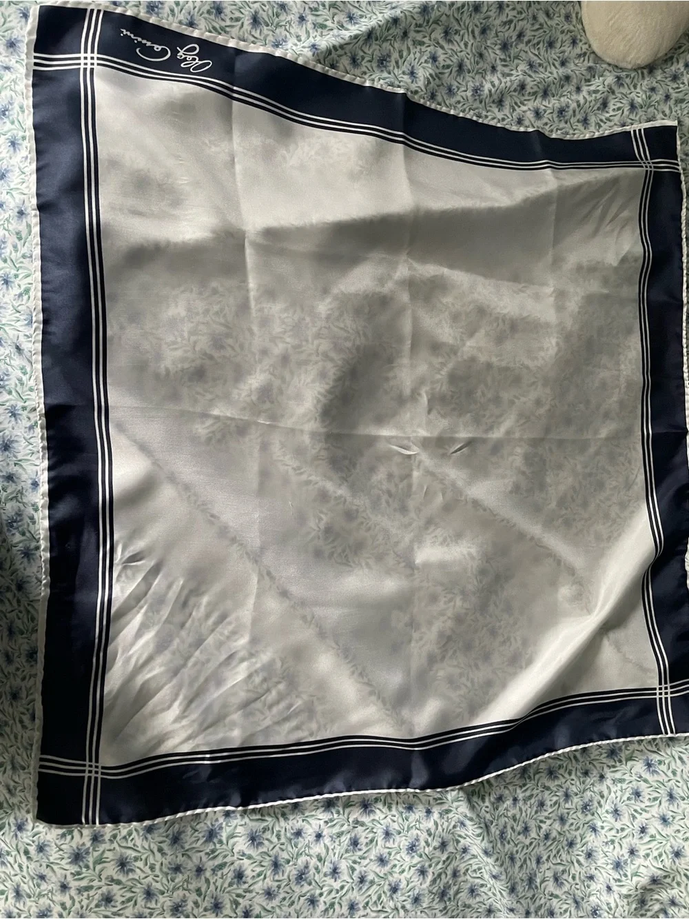 Vintage Designer Silk Twill Oleg Cassini Scarf  27” x  27” Navy White